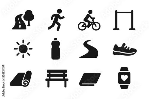 Outdoor Fitness Icons. Outdoor workout. Solid icon set of Outdoor workout: park path, tree, jogging figure, cycling, push-up area, sun icon, water bottle,