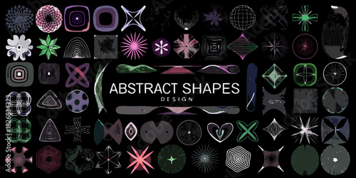 Collection of colorful abstract shapes and patterns on a dark background