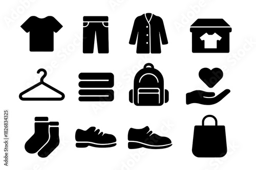Clothing Donation Icons. Giving Clothes. Solid icon set of donation box, t-shirt, pants, coat, hanger, folded clothes, backpack, hand giving, heart, socks,