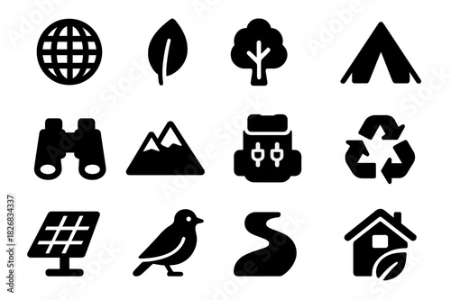 Eco-Tourism Icons. Eco-tourism and nature conservation. Solid icon set of eco-tourism and nature conservation: globe, leaf, tree, tent, binoculars, mountain,