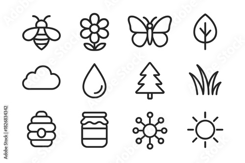Nature Icon Set. Nature Plant. Solid icon set of bush, leaf, flower, branch, shrub, roots, berries, soil, grass, sun, water droplet, garden. Filled icons set