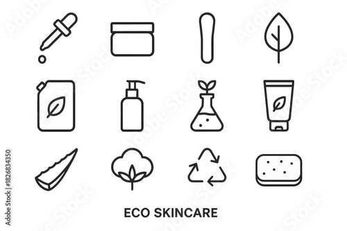Eco Skincare Icons. Eco skincare. Line icon set of eco skincare: glass dropper, lotion jar, bamboo spatula, leaf, refill pouch, reusable pump, plant extract,