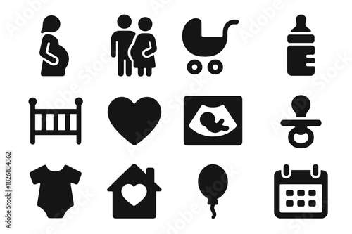 Pregnancy Joy Icons. Pregnancy joy. Solid icon set of Pregnancy joy: pregnant mother, father, baby stroller, baby bottle, crib, heart, ultrasound, pacifier,