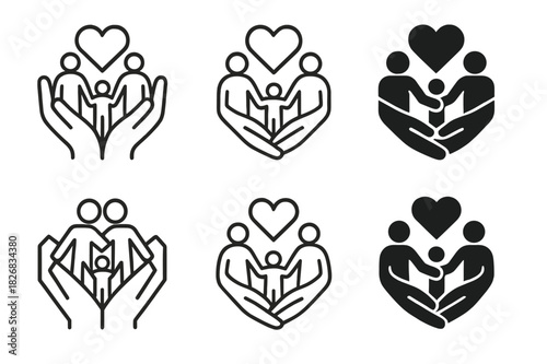 Shared Responsibilities Icons. Love and bonding through shared responsibilities (family, work). Icon set. Set Logo of love and bonding through shared