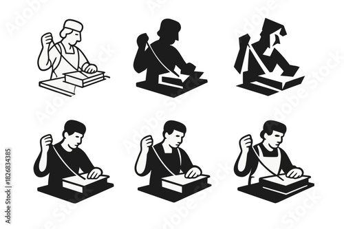 Historic Bookbinding Logos. Historic bookbinding process. Icon set. Set Logo of historic bookbinding process: embossed book cover. harmonious logo variations