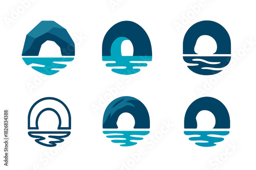 Underwater Cave Icons. underwater caves. Icon set. Set Logo of underwater caves: curved rock tunnel. harmonious logo variations of the same emblematic concept,