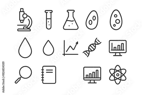 Scientific Research Icons. Scientific research. Line icon set of scientific research: microscope, test tube, flask, algae cell, droplet, graph, DNA strand,