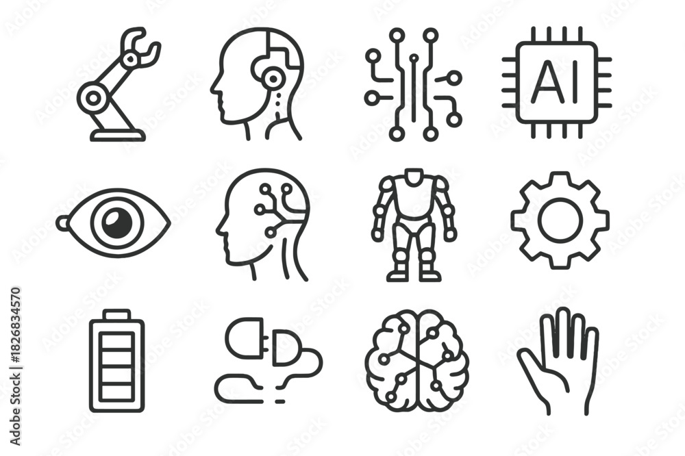 Fototapeta premium Cybernetic Icon Set. Cybernetics. Line icon set of cybernetics: robotic arm, human head, circuit pattern, AI chip, mechanical eye, neural link, exoskeleton,