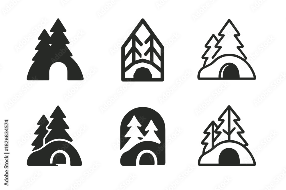 Fototapeta premium Lair Logo Variations. Lair. Icon set. Set Logo of lair: hidden forest burrow. harmonious logo variations of the same emblematic concept, each with different