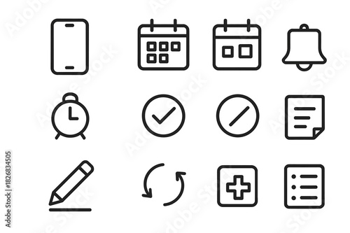 Smartphone Calendar Icons. Smartphone Calendar. Line icon set of Smartphone Calendar: smartphone, calendar app, date selection, event icon, alarm clock,