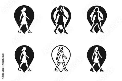 Model Logo Variations. model on location. Icon set. Set Logo of model on location: confident walking pose. harmonious logo variations of the same emblematic