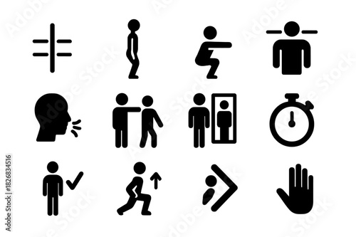 Fitness Icons Set. Fitness Form. Solid icon set of Fitness Form: alignment line, straight spine, knee bend, shoulder line, core tight icon, breathing symbol,