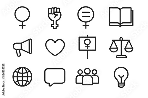 Feminist Icon Set. Feminist theory. Line icon set of feminist theory: Venus symbol, raised fist, equality sign, book, megaphone, heart, protest sign, balance