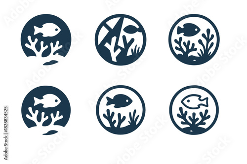 Coral Reef Logos. Coral reefs and marine life ecosystems. Icon set. Set Logo of coral reefs: coral reef ecosystem scene. harmonious logo variations of the same