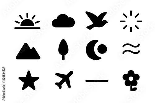 Morning Sky Icons. Peaceful morning sky. Solid icon set of peaceful morning sky: sunrise, cloud, bird, sun rays, mountain, tree, moon fading, soft wind, star,