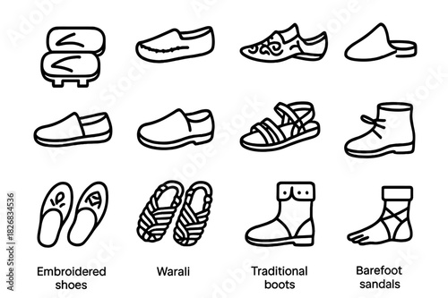 Cultural Footwear Icons. Cultural footwear. Line icon set of cultural footwear: geta sandals, moccasins, jutti, babouches, espadrilles, clogs, leather sandals,