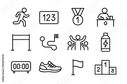 Marathon Icon Set. Marathon. Line icon set of marathon: runner, bib number, medal, water station, finish line, map route, cheering crowd, energy gel, timer,