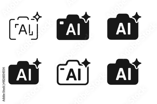 AI Creative Industries Logos. AI in creative industries. Icon set. Set Logo of AI in creative industries: camera with AI framing brackets and