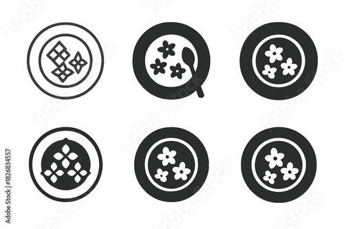 Edible Flower Icons. Cooking with edible flowers. Icon set. Set Logo of cooking with edible flowers: edible flower arrangement. harmonious logo variations of