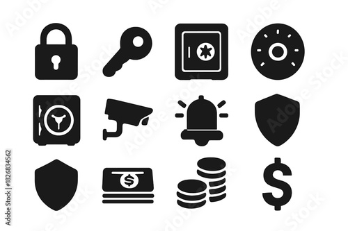 Secure Storage Icons. Secure storage. Solid icon set of Secure storage: lock, key, safe box, combination dial, vault door, security camera, alarm, handle,