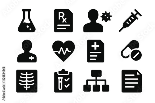 Health Data Icons. Health data types. Solid icon set of Health data types: lab results, prescriptions, allergies, immunizations, medical history, vitals,