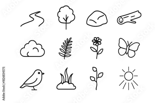 Nature Trail Icons. Nature Trail. Line icon set of Nature Trail: dirt path, tree, rock, fallen log, bush, fern, wildflower, butterfly, bird, moss, vine,