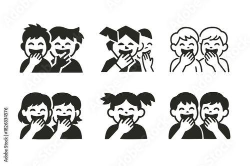 Laughing Kids Logo Set. group of kids laughing. Icon set. Set Logo of group of kids laughing: hands over mouths with giggles. harmonious logo variations of the