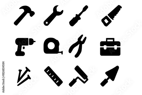 Home Tools Icons. Home improvement tools. Solid icon set of home improvement tools: hammer, wrench, screwdriver, saw, drill, tape measure, pliers, toolbox,
