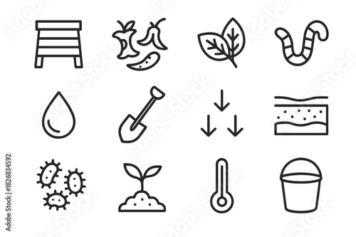 Composting Icon Set. Composting. Line icon set of Composting: compost bin, food scraps, leaf pile, worm, water drop, shovel, decomposition arrows, soil layer,
