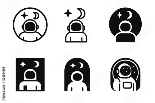 Cosmic Logo Variations. cosmic view. Icon set. Set Logo of cosmic view: astronaut in space. harmonious logo variations of the same emblematic concept, each
