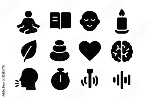 Mindful Lifestyle Icons. Mindful lifestyle. Solid icon set of Mindful lifestyle: meditation pose, lotus position, journal, calm face, candle, nature leaf, zen