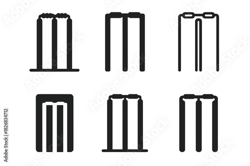 Cricket Logo Variations. Cricket. Icon set. Set Logo of Cricket: Wicket Stumps. harmonious logo variations of the same emblematic concept (Stylized detail,