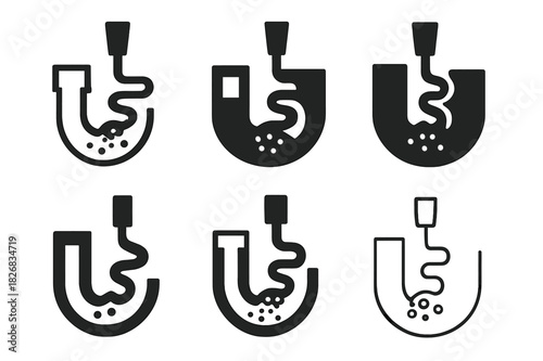 Clogged Drain Icons. Clogged drain concept. Icon set. Set Logo of clogged drain concept: Drain snake tool. harmonious logo variations of the same emblematic