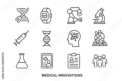 Medical Innovation Icons. Medical Innovations. Line icon set of Medical Innovations: gene editing, wearable monitor, robotic surgery, microscope, syringe, DNA