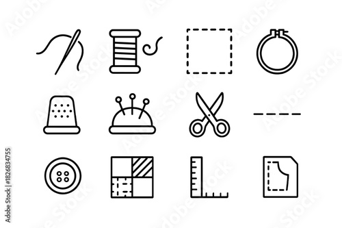 Hand Quilting Icons. Hand quilting. Line icon set of hand quilting: needle, thread spool, fabric square, hoop, thimble, pin cushion, scissors, stitch line,