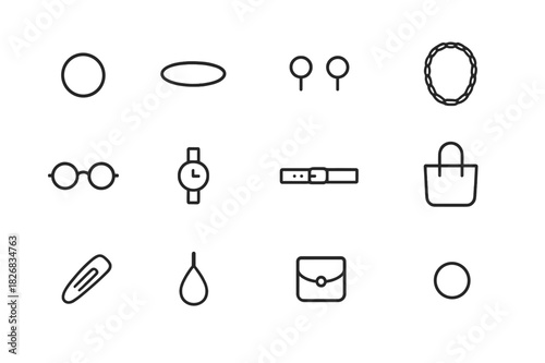 Minimalist Accessories Icons. Minimalist accessories. Line icon set of minimalist accessories: simple ring, thin bracelet, stud earrings, chain necklace, round