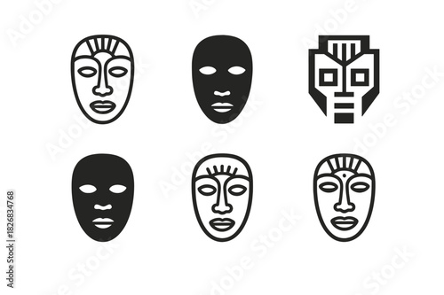 Cultural Mask Icons. Ethnic heritage. Icon set. Set Logo of cultural mask. harmonious logo variations of the same emblematic concept (Minimal outline, Filled