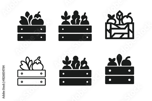 Produce Display Icons. produce display. Icon set. Set Logo of produce display: wooden crate of produce. harmonious logo variations of the same emblematic