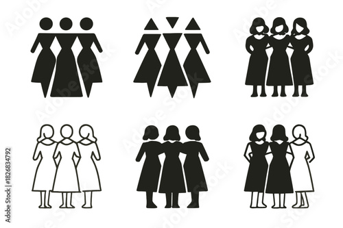 Bridesmaids Logo Variations. Bridesmaids in matching dresses. Icon set. Set Logo of bridesmaids in matching dresses: Women posing together. harmonious logo