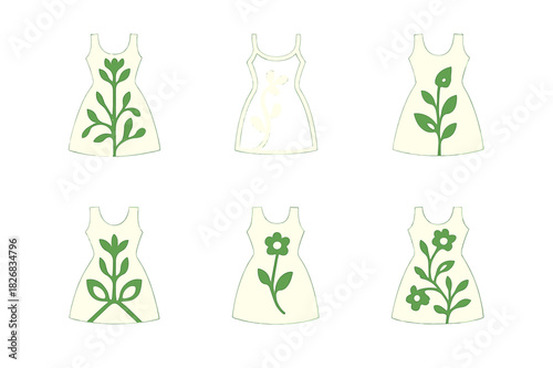Summer Dress Icons. Summer dress against green backdrop. Icon set. Set Logo of summer dress against green backdrop: sleeveless dress form. harmonious logo