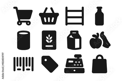 Supermarket Icon Grid. Supermarket shelves. Solid icon set of supermarket shelves: shopping cart, basket, shelf, bottle, can, cereal box, milk carton, fruit,