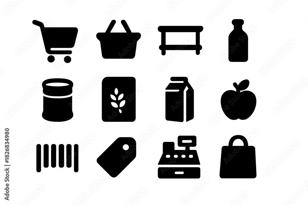 Fototapeta premium Supermarket Icon Grid. Supermarket shelves. Solid icon set of supermarket shelves: shopping cart, basket, shelf, bottle, can, cereal box, milk carton, fruit,