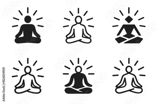 Meditative Energy Emblems. person in meditation with energy flow. Icon set. Set Logo of person in meditation with energy flow: radiant lines surrounding seated
