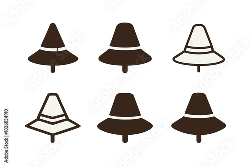 Scarecrow Hat Logos. Scarecrow Hat. Icon set. Set Logo of Scarecrow Hat: Woven Rim. harmonious logo variations of the same emblematic concept (Stylized detail,