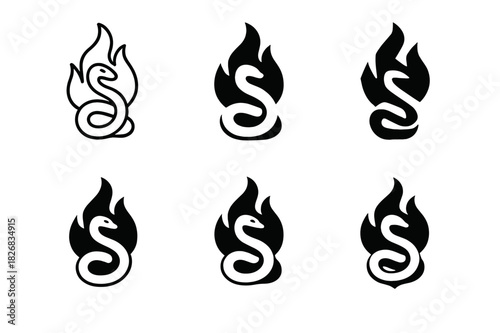 Medea Emblem Variations. Medea. Icon set. Set Logo of Medea: fire and serpent motif. harmonious logo variations of the same emblematic concept, each with