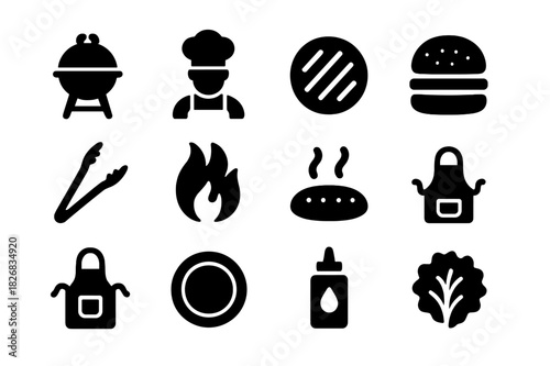 Summer Grilling Icons. Summer grilling. Solid icon set of Summer grilling: grill, chef, burger patty, spatula, tongs, flame, smoke, hamburger bun, apron,