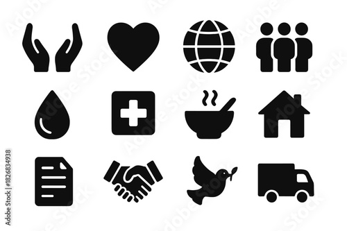 Humanitarian Aid Icons. Humanitarian aid. Solid icon set of humanitarian aid: open hands, heart, globe, people, water drop, medical cross, food bowl, house,