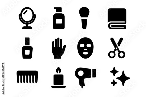 Home Beauty Icons. Home beauty routine. Solid icon set of home beauty routine: mirror, lotion, brush, towel, nail polish, hand, face mask, scissors, comb,