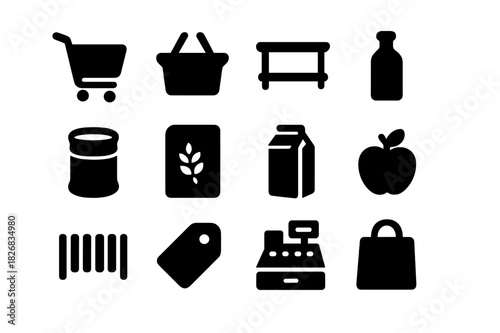 Supermarket Icon Grid. Supermarket shelves. Solid icon set of supermarket shelves: shopping cart, basket, shelf, bottle, can, cereal box, milk carton, fruit,