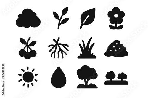 Shrubbery Icon Set. Shrubbery Icons. Solid icon set of bush, branch, leaf, flower, berries, roots, grass, soil, sun, water droplet, shrub, garden. Filled icons